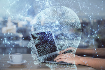 Obraz premium Multi exposure of woman hands working on computer and human brain hologram drawing. Ai tech concept.