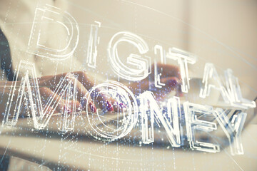 Double exposure of woman hands typing on computer and crypto market theme hologram drawing....
