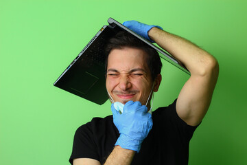 young man or guy on a light green background. Emotion of disgust