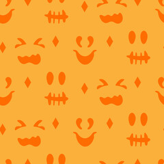 Fototapeta na wymiar Silhouettes faces pumpkins or ghost Halloween seamless pattern. Different creepy fun cute emotion faces, design limitless background. Repeat ornament for paper wrap, fabric, print. Vector illustration