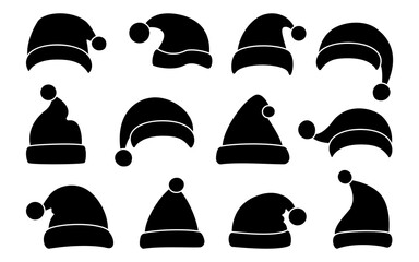 Santa Clause hat, Christmas flat silhouette set. Xmas Santa winter hats black glyph. New Year cartoon holiday traditional caps collection. Festive design element. Isolated on white vector illustration