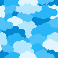 Cartoon blue sky cloud seamless pattern. limitless background, cloudy heaven layered effect. Flat cartoon air weather sign. Repeat ornament for paper wrap, fabric, print. Vector illustration