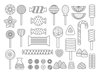 Set of line sweet candy icon. Shape candies simple contour template. Logo design of dessert jelly, candy cane assortment, lollipop, dragee. Outline great for design poster Isolated vector illustration