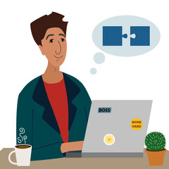 Solution concept. Businessman working with laptop and thinking about strategy. Connecting puzzle elements, combining two pieces. Successful implementation plan. Flat cartoon vector illustration
