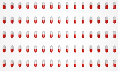 white-red capsule pills pattern isolated on a white background. rendered in 3d.