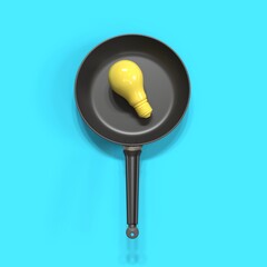 Yellow Light bulb set on pan on blue background. Minimal Idea concept. 3D Render.