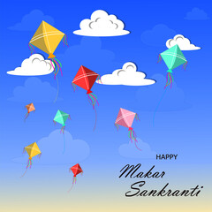 Happy Makar Sankranti/Celebrate. Colorful kites with blue sky background and cloudy.