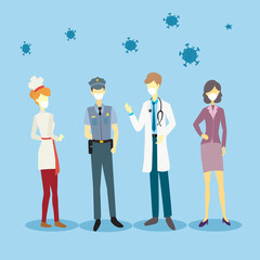 illustration vector graphic of profession like chef, police, doctor, and business woman stand with their mask for daily activity with herd immunity and protect their self from corona virus.