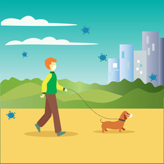 illustration vector graphic of man with his dog walk in at the park while wearing mask for herd immunity and self protect from preventing the spread of corona virus.