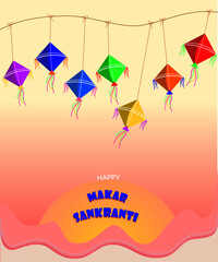 Happy Makar Sankranti  harvest festival celebration in India with rainbow color kites hang with rope. Wish text on the sunset falling in the pink mountain.