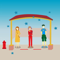 illustration vector graphic of people physical distancing and use mask at bus stop for herd immunity and protect their self from preventing the spread corona virus.