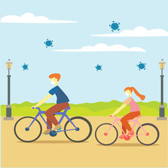 illustration vector graphic of a father with his daughter ride bicycle at park while wearing mask for protect their self from preventing the spread of corona virus
