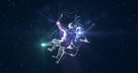 Gemini. Zodiac symbol - the Twins. Astrological sign. Horoscope. Space flight through the constellation. Image of Hevelius engraving of 17th century. Animations: with and without inscription.