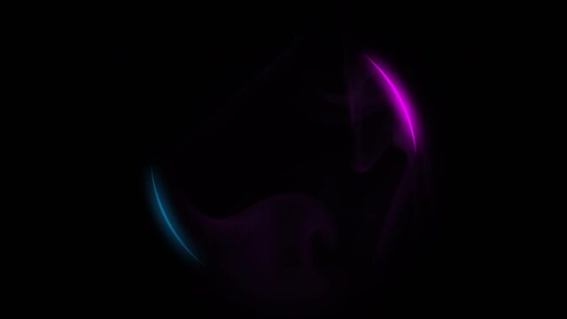 Neon circle frame. Esoteric occult. Color smoke flow in blue purple sphere on black copy space background.