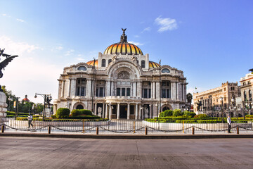 view of the Palacio de Bellas Artes or Palace of Fine Arts, a famous theater, museum and music venue in Mexico City