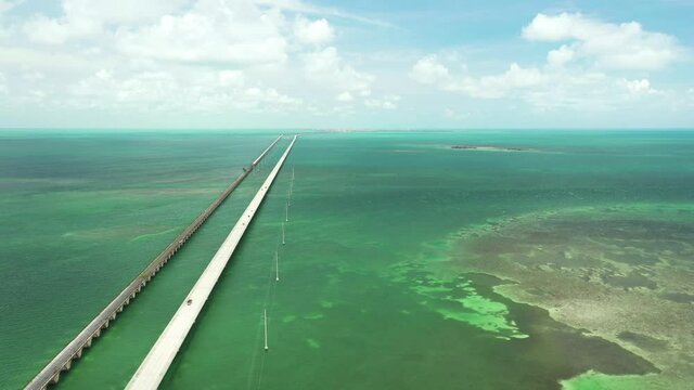 Aerial pull out shot Florida Keys 7 mile bridge Overseas Highway