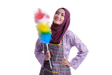 young woman with a broom