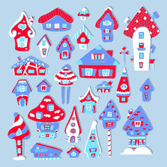 Doodle house vector illustration. Red blue winter seasonal print. Kids nursery poster. Advent calendar template