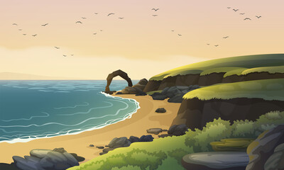 Scotland sea coast landscape. Sandy beach with rocks and cliffs.  © NMacTavish