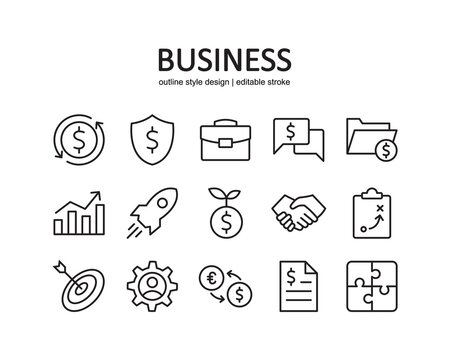 Business icon set. Contains such Icons as finance, handshake, job, and more. Line style design. Vector graphic illustration. Suitable for website design, app, template, ui. Editable stroke.