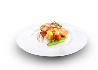 Fish fillet steak and salad and red lettuce on top, isolated on white.