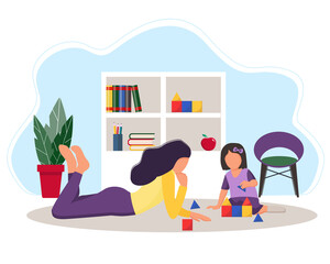quarantine with a child. Mom plays cubes with a child. the family spends time together and chatting. Vector illustration in trendy flat style.