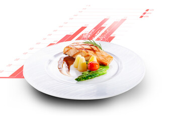 Fish fillet steak and salad and red lettuce on top, isolated on white, with info graphic.