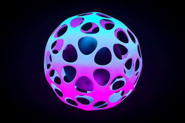 3D illustration of a neon pink and blue ball  with various  windows in a dark room. Сyber shape in virtual reality.