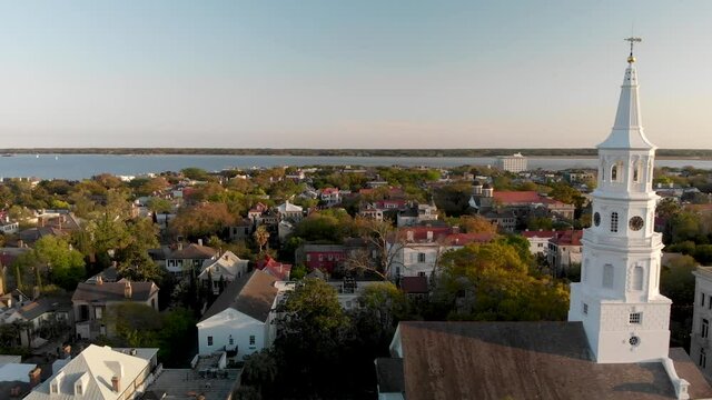 Aerial view of Charleston at dusk from Waterfront Park. South Carolina, USA