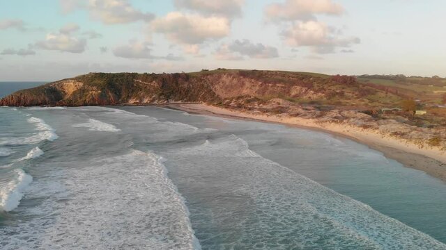Snelling Beach in Kangaroo Island at sunset. Panoramic aerial view