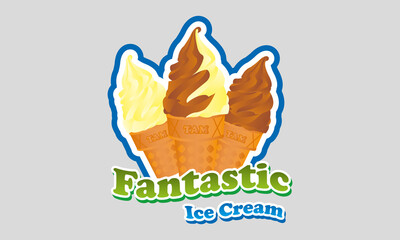 Fantastic ice cream logo, twist ice cream,  ice cream three flavors, vanilla, chocolate and combined in cones and wafer