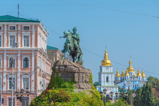 Bohdan Khmelnytsky monument and saint michael monastery in Kyiv, Ukraine