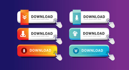 Collection set of download button desain ui ux template for web with hand finger cursor