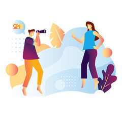 vector illustration of man taking photo a girls and say cheese background