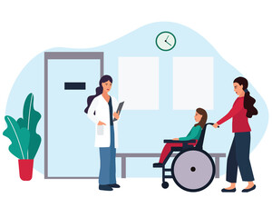 medical theme. family doctor pediatrician and patients. mother with a disabled child in a stroller came for an examination at the clinic. Cartoon style vector illustration.