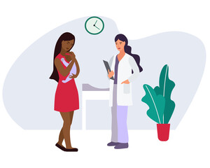 medical theme. family doctor pediatrician and patients. a dark-skinned mother with a baby came to the clinic for examination. Cartoon style vector illustration.