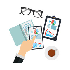 Hands holding smartphone with infographic vector design