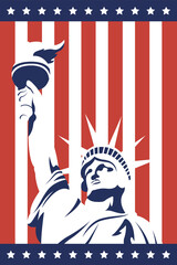 Liberty statue in front of striped background of 4th july vector design