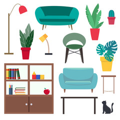 Interior. Sofas and home accessories. A set of furniture and accessories for the home. Vector illustration