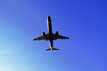 Passenger Jet Plane Flying Overhead against a Clear Blue Sky