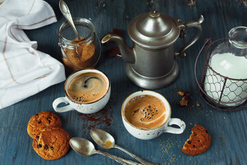 Coffee with milk and homemade oatmeal cookies