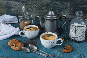 Coffee with milk and homemade oatmeal cookies