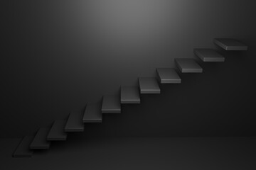 Ascending black stairs in black room 3D abstract illustration