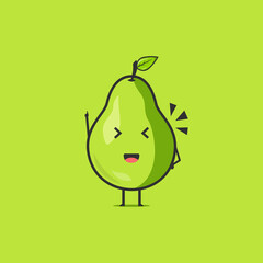 Funny cute pear character. Vector flat pear cartoon character feeling great, hands up. Isolated on green background. Pear fruit concept