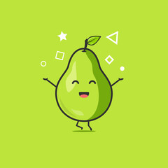 Funny cute pear character. Vector flat pear cartoon character feeling happy and jumping. Isolated on green background. Pear fruit concept