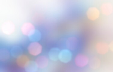 Dreamy bokeh glare blur background. Blue pink lilac grey spotted abstract pattern. 