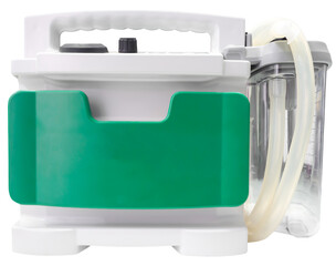 Suction machine, gray-green color Placed on a white background, taken on the front, put on the clipping path concept, life-saving equipment, emergency, doctor tools