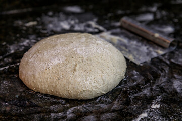 High hydration rye and wheat sourdough ready for shaping artisanal rustic wholegrain sourdough bread loaf, photo series