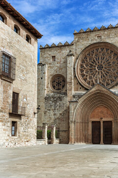 Entrance to Monastery romanesque of the SX in  Sant Cugat del Valles. Barcelona province, Catalonia, Spain
