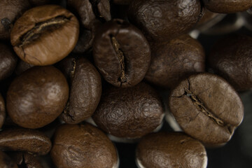 Fragrant fried coffee beans. close-up